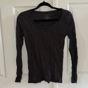 NWOT Ann Taylor Dark Purple & Gray Striped Long-Sleeve Scoop Neck Top